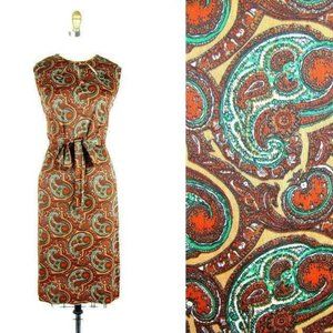 Vintage 60s Brown Paisley Nylon Shift Dress w Belt